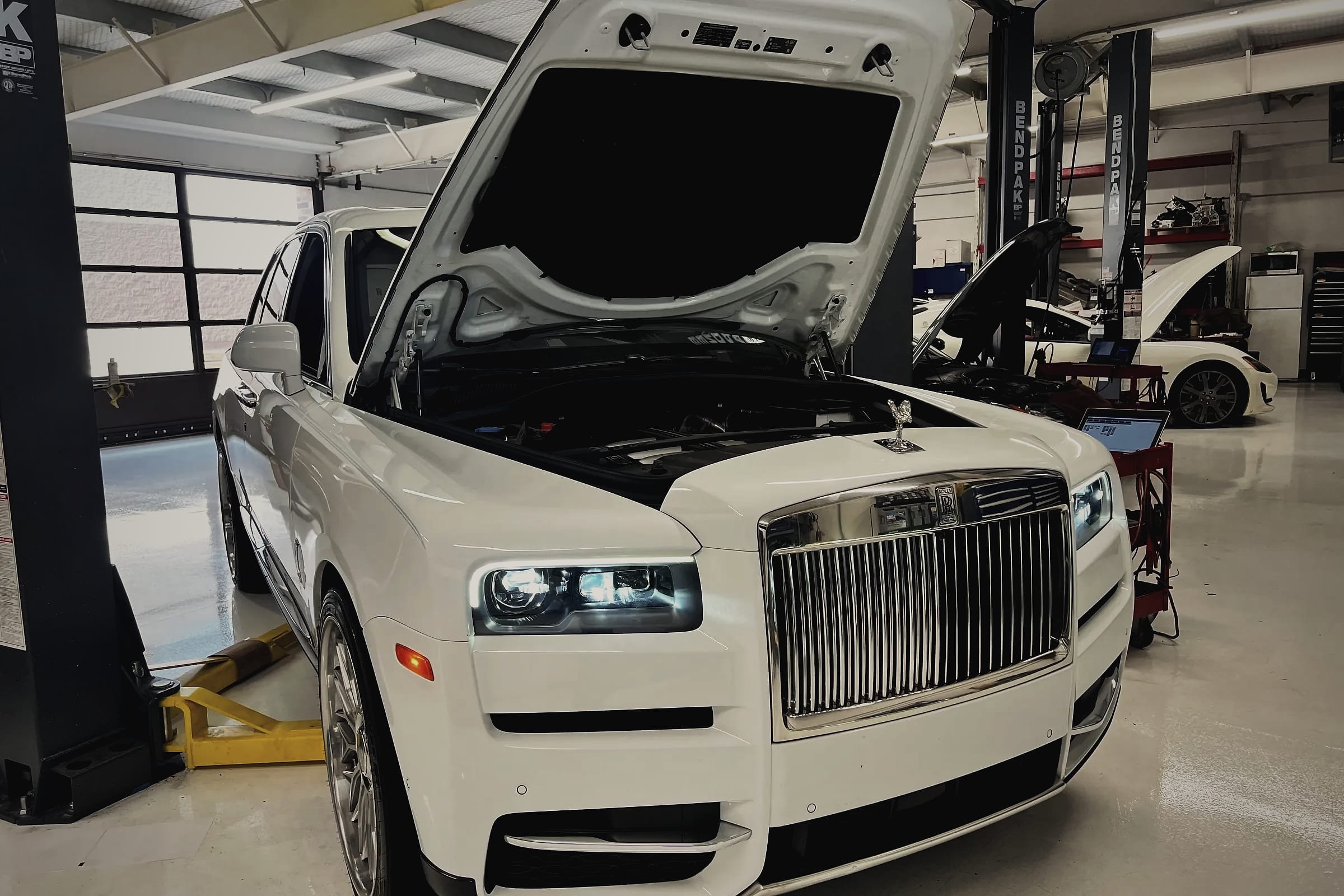 A white Rolls-Royce Cullinan with its bonnet open on a two-post lift, a Maserati GranTurismo with its bonnet open behind it.